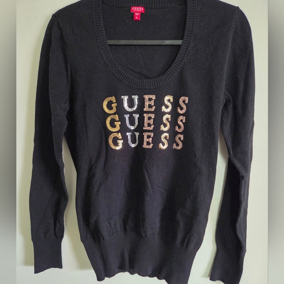 GUESS Womens Sweater Size XL Logo Embellished Long Sleeve Black - Picture 2 of 6